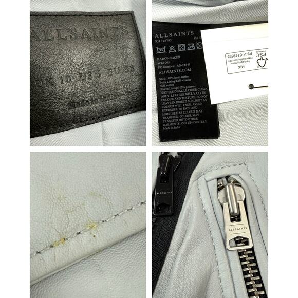 ALL SAINTS baby blue gray lamb leather BARON Biker motorcycle cropped jacket - Picture 14 of 16